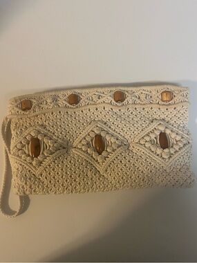 Vintage Mid Century Cream Macrame Clutch with Wood Bead Accents 11x6in
Bohemian